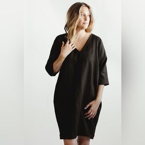 Black V-neck linen dress.